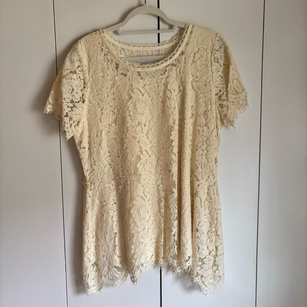 New Isaac Mizrahi Live Ivory Lace Peplum Top Short Sleeve Size L